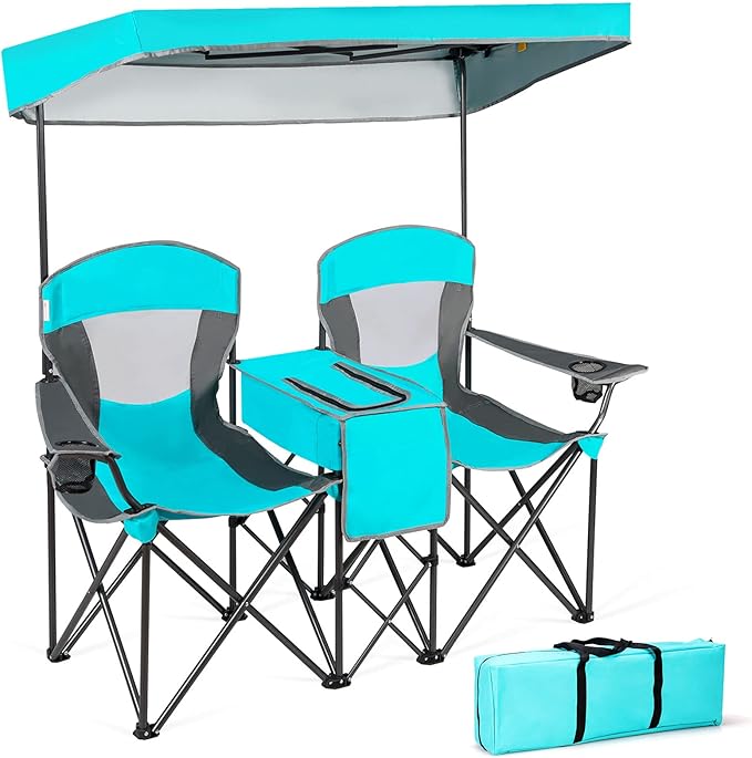 Chaise de camping double avec parasol et glacière intégrée
