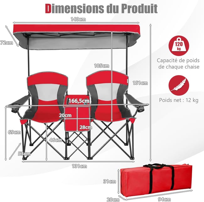 Chaise de camping double avec parasol et glacière intégrée