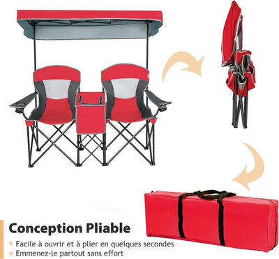 Chaise de camping double avec parasol et glacière intégrée