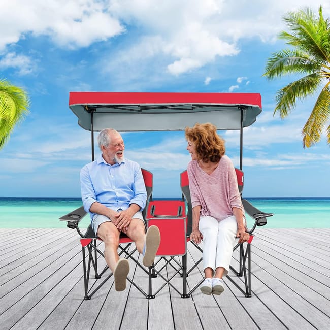 Chaise de camping double avec parasol et glacière intégrée